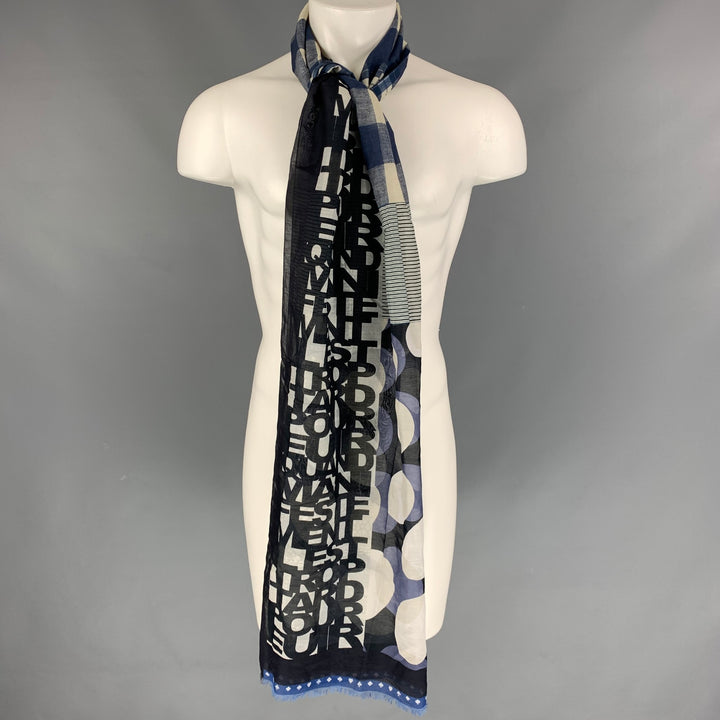 PIERRE-LOUIS MASCIA Navy & Blue Print Cotton / Silk Scarf