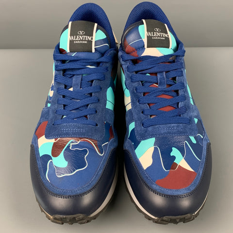 VALENTINO Size 12 Blue Multi-Color Camo Leather Rockrunner Sneakers