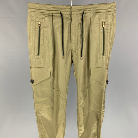 PAUL SMITH Taille 32 Pantalon décontracté en coton olive / Cupro avec cordon de serrage