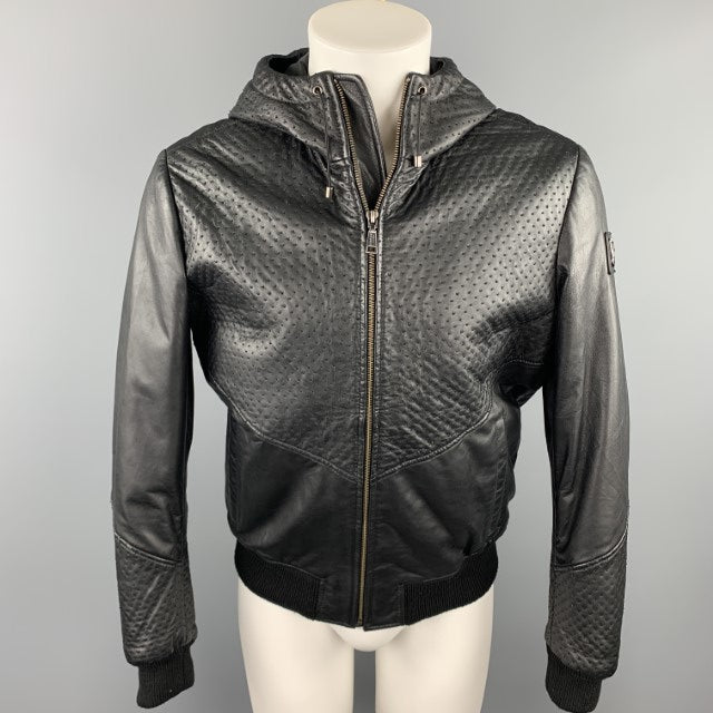 VERSACE JEANS Size 40 Black Stitched Leather Zip Up Jacket