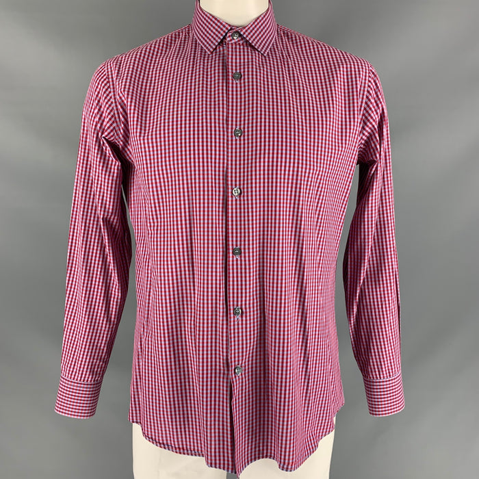 PAUL SMITH Talla L Camisa de manga larga de corte slim de algodón a cuadros burdeos rojo y azul