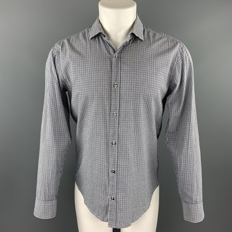 SIMON SPURR Size L Navy & White Checkered Cotton Button Up Long Sleeve Shirt