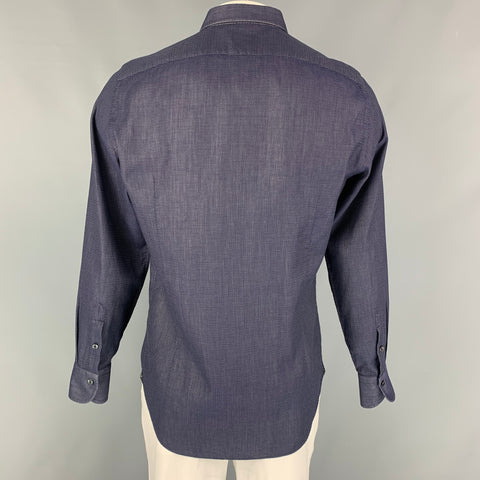 FINAMORE Size L Navy White Dots Cotton Button Up Long Sleeve Shirt