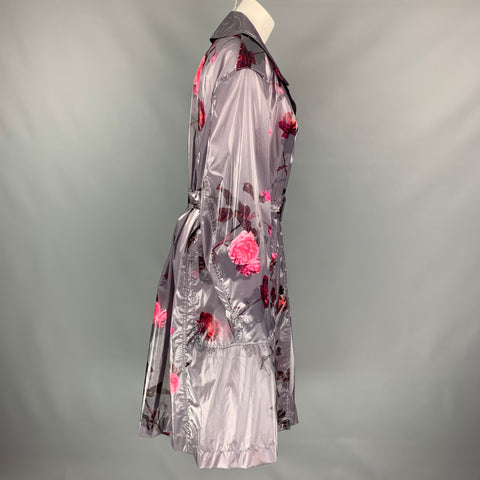 DRIES VAN NOTEN Size XS Grey & Pink Floral Polyurethane Bend Belted Trench Coat