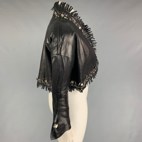CLAUDE MONTANA Talla 10 Chaqueta corta con flecos de cuero negro