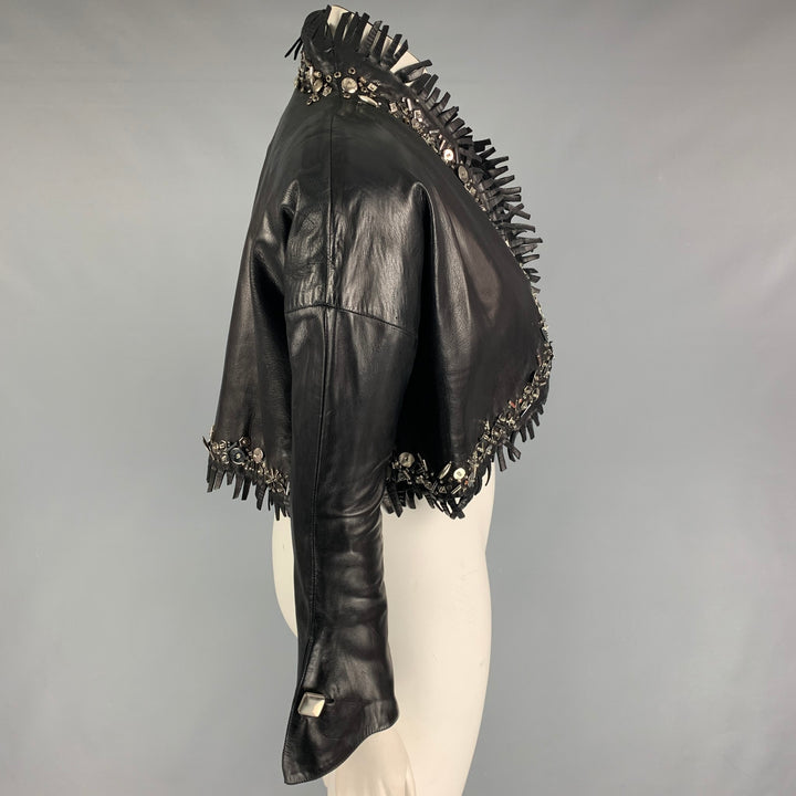 CLAUDE MONTANA Size 10 Black Leather Fringe Cropped Jacket