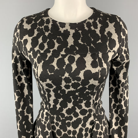 ISABEL DE PEDRO Size 4 Black & Grey Viscose Blend Spotted Peplum Long Sleeves  Dress