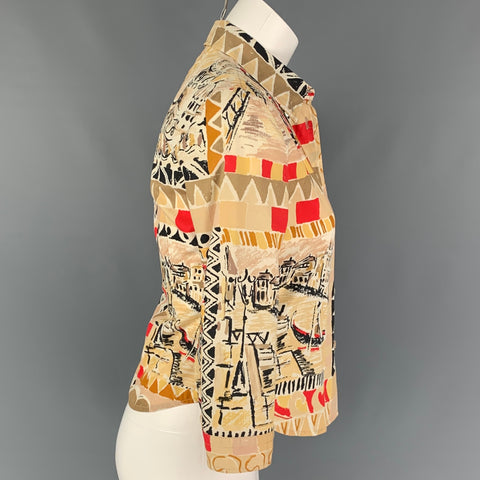 PRADA Size 4 Beige Brown Red Water Color Print Cotton Blouse