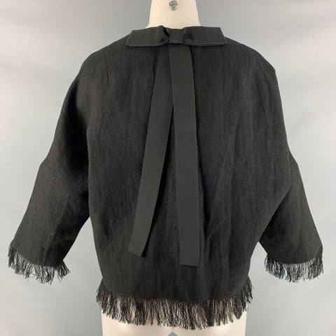 ANDREW GN Size 4 Black Linen Fringe Hidden Snaps Jacket