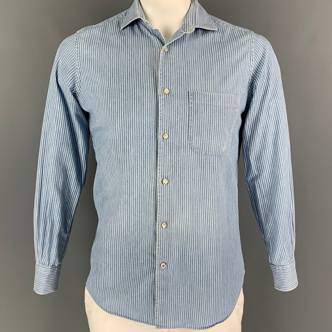 LORO PIANA Size M Blue White Stripe Cotton Button Up Long Sleeve Shirt
