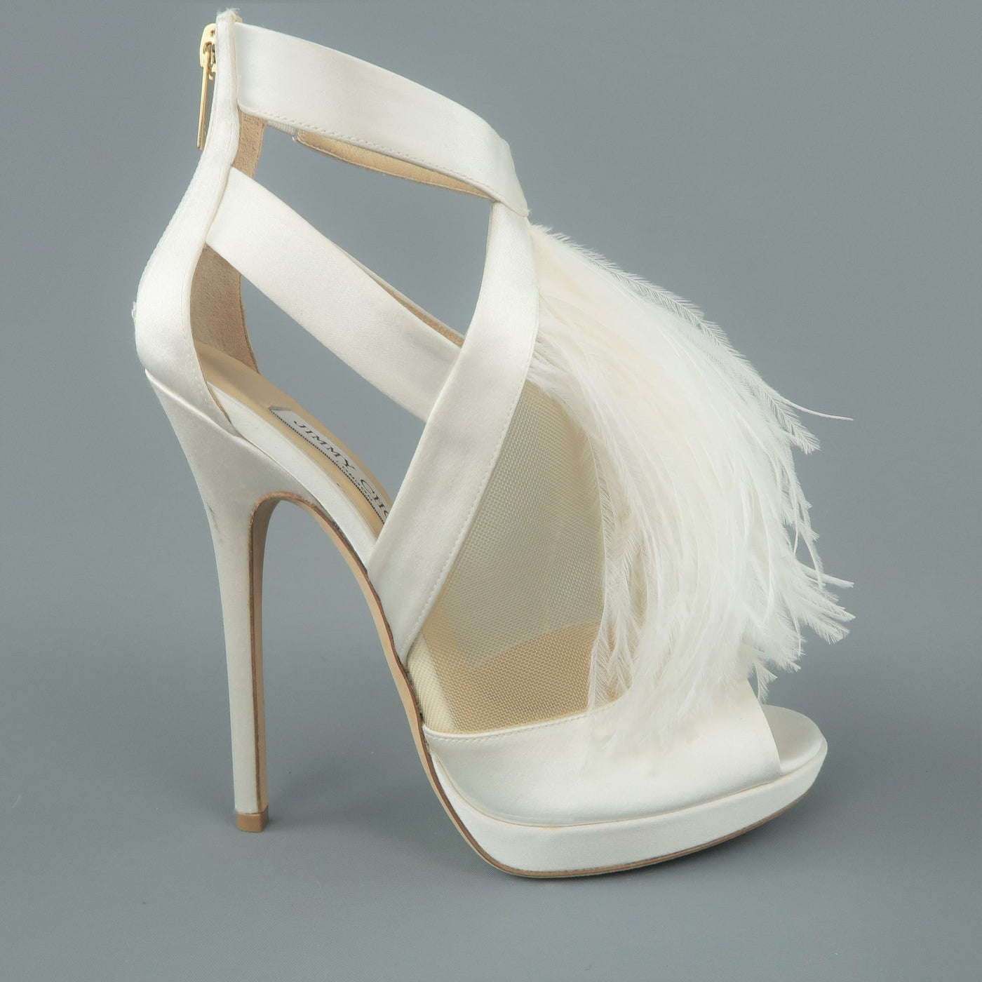 JIMMY CHOO US 8.5 / IT 38.5 White Silk / Leather Ostrich Feather Bridal Sandals