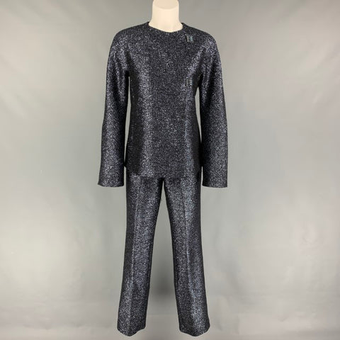 GIANNI VERSACE Talla 6 Traje de pantalón con frente plano texturizado en mezcla de lana plateada negra