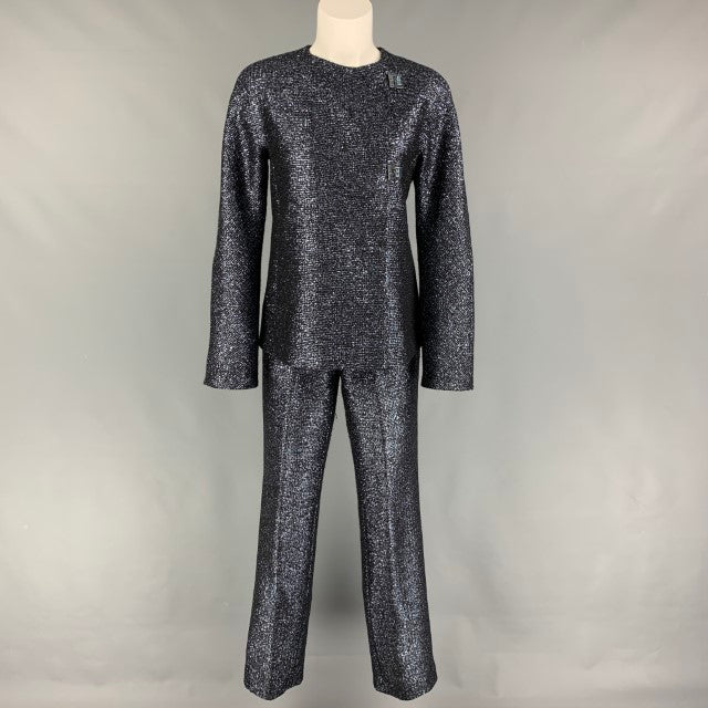 GIANNI VERSACE Size 6 Black Silver Wool Blend Textured Flat Front Pants Suit