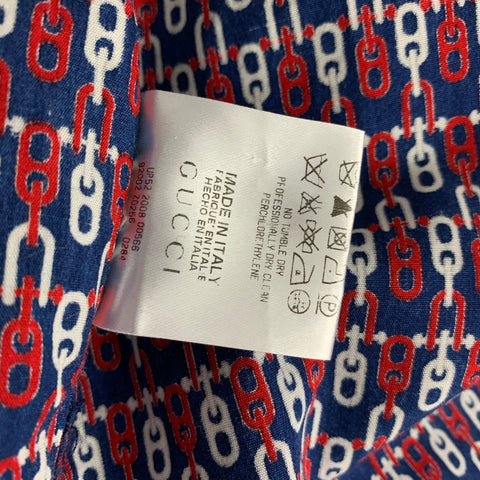 GUCCI Size M Blue Red White Chain Cotton Long Sleeve Shirt