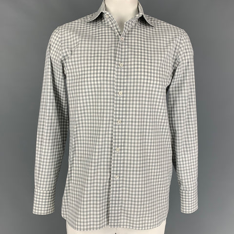 TOM FORD Size L Light Gray White Gingham Cotton Long Sleeve Shirt