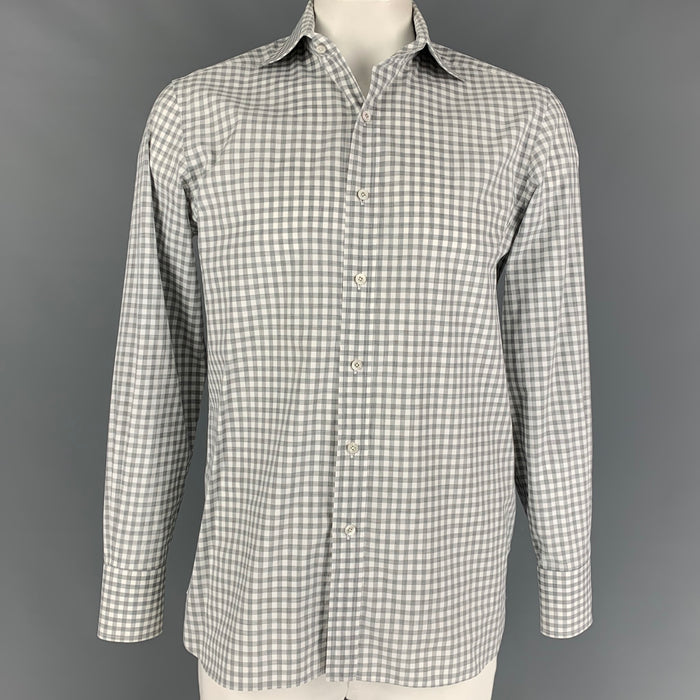 TOM FORD Size L Light Gray White Gingham Cotton Long Sleeve Shirt