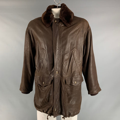 BYBLOS Size 46 Brown Solid Leather Zip & Snaps Jacket