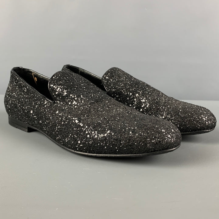 JIMMY CHOO Size 8 Black Glitter Leather Loafers