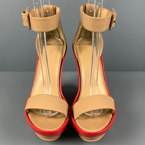 PAUL KA Sandalias de cuña de charol de cuero rojo beige talla 8