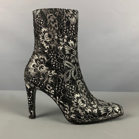 CHARLES JOURDAN Talla 5 Botas con cremallera lateral floral de cuero gris negro