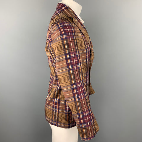 TOMORROWLAND Size 36 Brown & Burgundy Plaid Rayon Blend Sport Coat