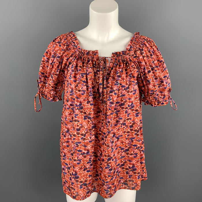 CAROLINA HERRERA Size 4 Red Floral Poplin Cotton Bohemian Blouse