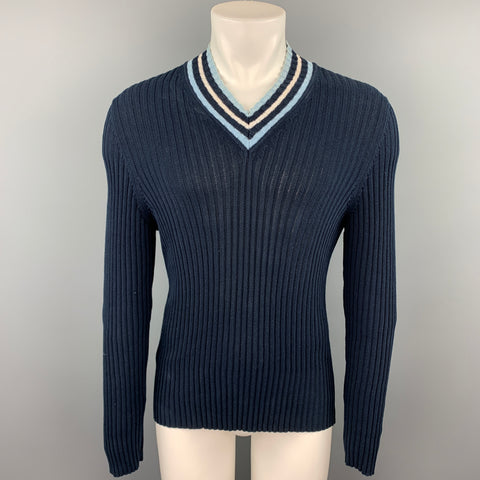 JOHN BARTLETT Size XL Navy Knitted Cotton V-Neck Pullover
