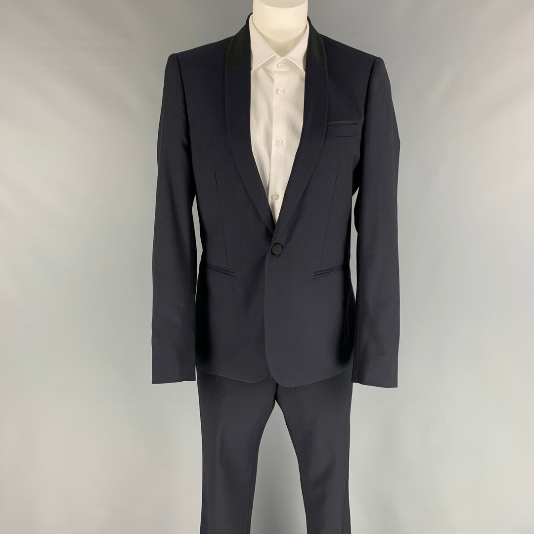 THE KOOPLES Size 36 Navy Herringbone Wool / Mohair Shawl Collar Tuxedo Suit