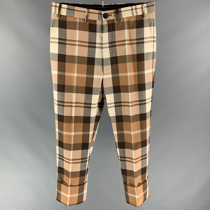VIVIENNE WESTWOOD Talla 34 Pantalón de vestir con bragueta de botones de lana a cuadros marrón y beige