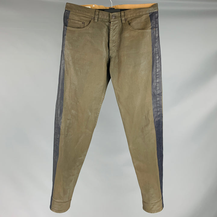 DRIES VAN NOTEN Size 33 Green Olive Vertical Stripe Cotton Cocoon Jeans