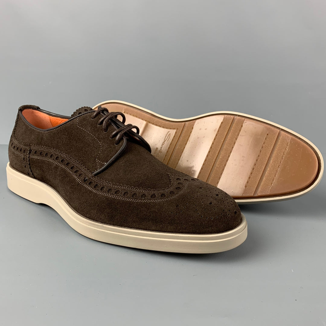 SANTONI Taille 9 Chaussures à lacets en cuir perforé marron à manches ailées