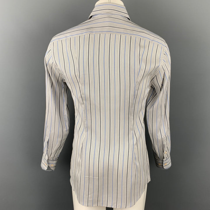 VALENTINO Size M Grey & Blue Stripe Silk Button Up Long Sleeve Shirt