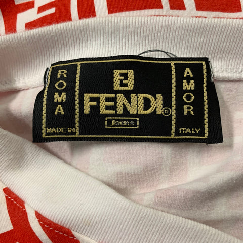 FENDI Size S Red & White Zucca Logo V- Neck T-Shirt