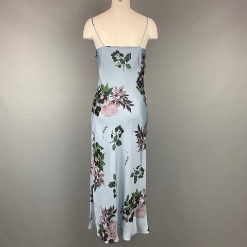 LAKE Size 4 Blue & Green Floral Satin Silk Long Dress