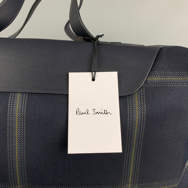 PAUL SMITH Navy Gold Plaid Leather Trim Canvas Weekender Bag