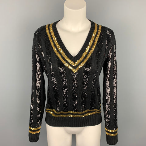 Colección RALPH LAUREN Talla M Suéter de seda a rayas con lentejuelas negras y doradas