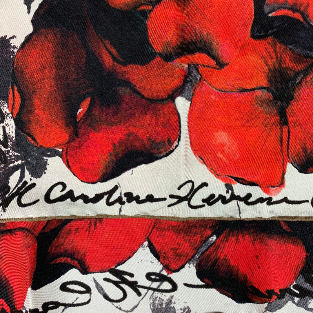 CAROLINA HERRERA Red Black Floral Twill Scarf