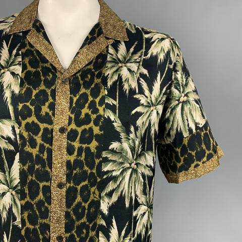 DRIES VAN NOTEN SS 16 Size XL Black Olive Print Viscose Camp Short Sleeve Shirt
