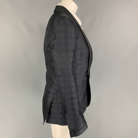 BAND OF OUTSIDERS Talla 34 Abrigo deportivo con cuello chal de seda a cuadros azul marino negro
