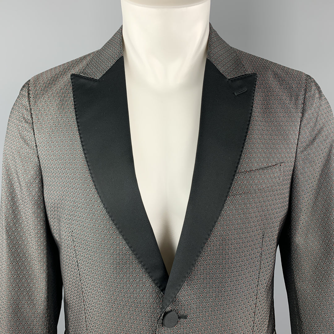 VALENTINO Size 40 Grey & Black Jacquard Polyester / Silk Peak Lapel Sport Coat