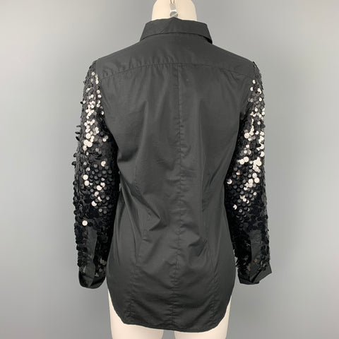 DRIES VAN NOTEN Size 6 Black Cotton / Silk Sequined Sleeves Blouse