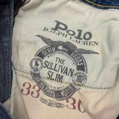 POLO by RALPH LAUREN Size 33 Indigo Distressed Denim Button Fly Jeans
