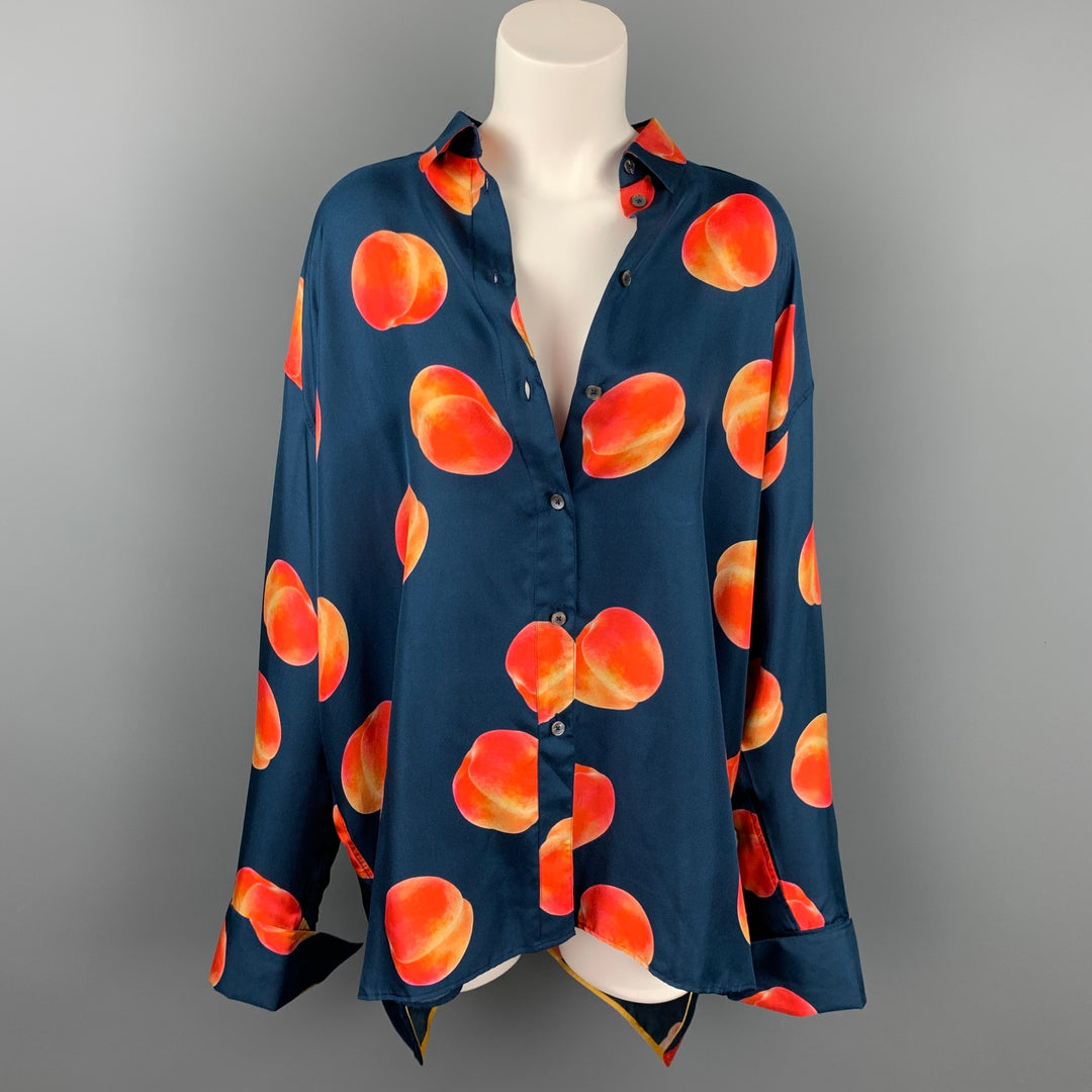 PAUL SMITH Size XL Oversized Navy & Orange Peach Print Silk Shirt