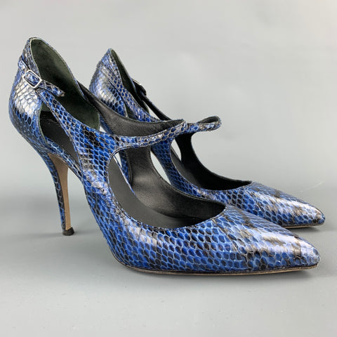 ALEXANDER WANG Inka Talla 8.5 Zapatos de tacón de cuero con relieve azul y negro