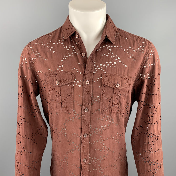 BURBERRY PRORSUM Size L Brown Eyelet Cotton Button Up Long Sleeve Shirt