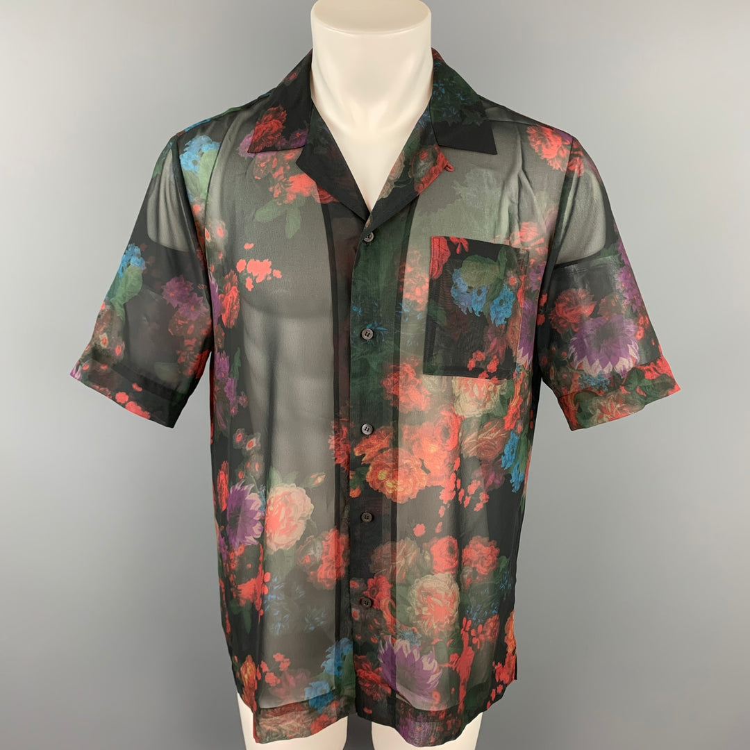DRIES VAN NOTEN S/S 20 Size M Black & Burgundy Floral Polyester Camp Short Sleeve Shirt