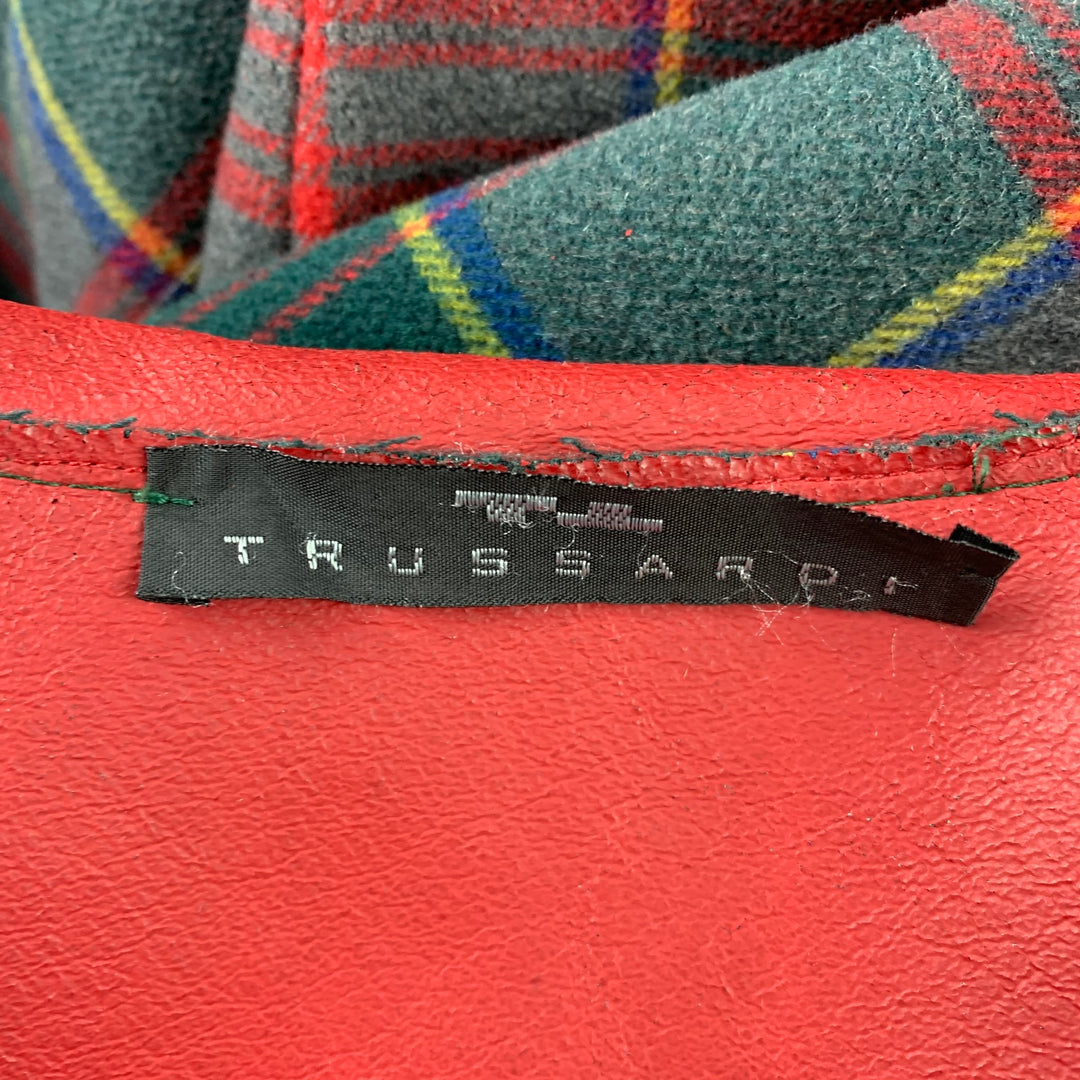 TRUSSARDI Size L Green & Red Plaid Leather Lined Hooded Coat