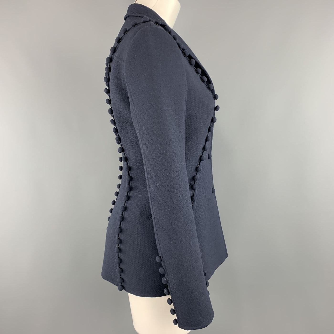 CHADO RALPH RUCCI Size 2 Navy Crepe Wool Button Trim Notch Lapel Jacket