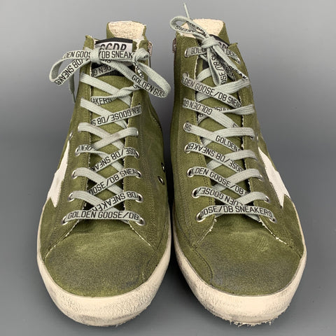 GOLDEN GOOSE Francy Size 10 Olive Distressed Suede High Top Sneakers