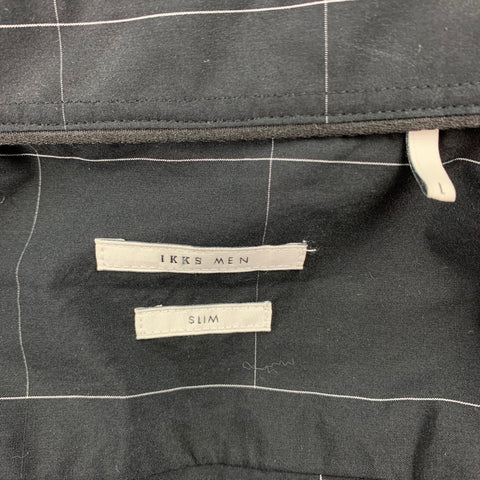 IKKS Size L Black Grid Cotton Button Up Slim Long Sleeve Shirt